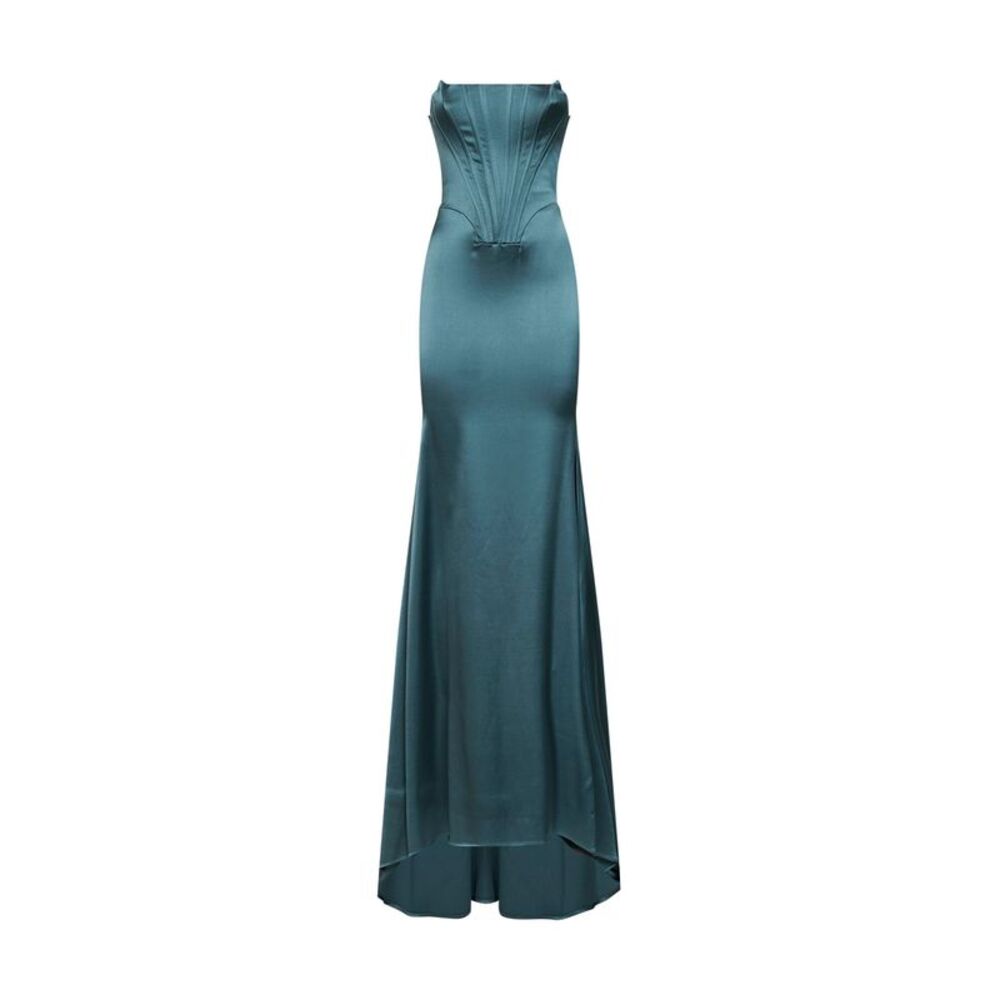 Giuseppe Di Morabito Women Teal Blue Stretch Satin Long Bustier Dress